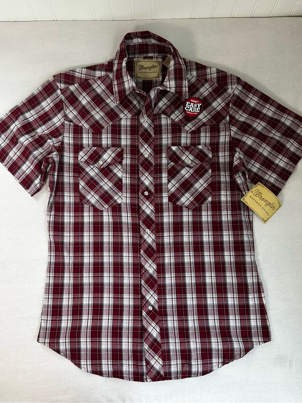Wrangler Men’s Short Sleeve Burgundy & White Plaid Button-Down Shirt